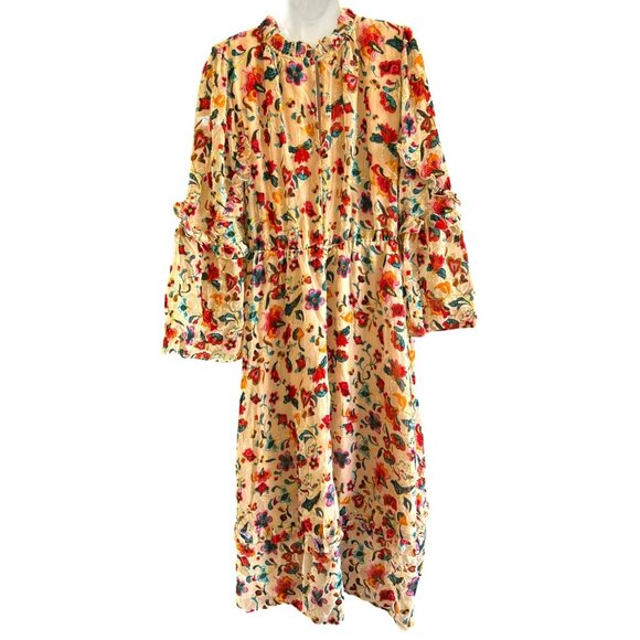 Bohemian Festival Multicolor Burnout Velvet Floral Midi Dress Ruffle Mock Neck - Picture 7 of 7